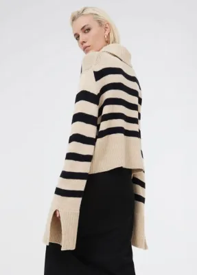 Winter Fashion Beige Stripe High Collar Slit Long Sleeve Knit Sweater