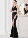 Summer Elegant Black V Neck Wasit Rhinestone Slit Mermaid Evening Dress