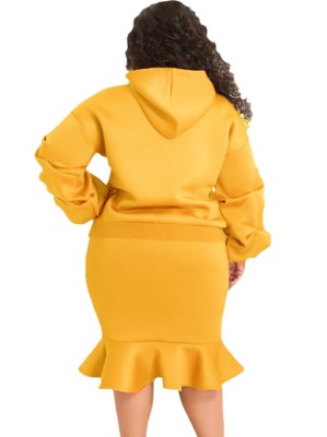 Winter Plus Size Yellow Puffed Long Sleeve Hoodies And Fishtail Skirt Wholesale Two Piece Clothing