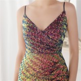 Spring Formal Multicolor Red Sequins Strap Slit Mermaid Evening Dress