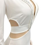 Spring Sexy White Turndown Collar Cut Out Rhinestone Party Bodycon Dress