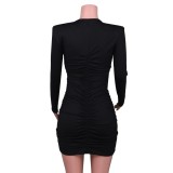 Spring Sexy Black Round Neck Shoulder Pad Long Sleeve Cut Out Bodycon Dress