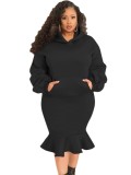 Winter Plus Size Black Puffed Long Sleeve Hoodies And Fishtail Skirt Wholesale Two Piece Clothing