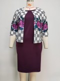 Spring Plus Size Floral Print Jacket And Solid Dress Two Piece