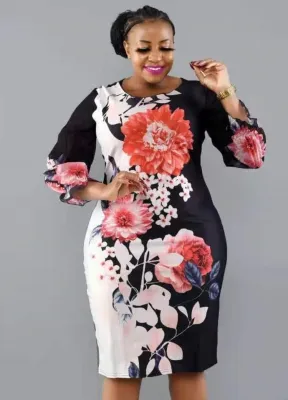 Spring Plus Size Mature Women Floral Print Round Collar Chiffon Sleeve Dress