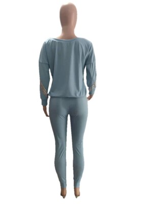 Winter Sexy Blue Sequins Long Sleeve Top And Pant Wholesale Two Piece Sets
