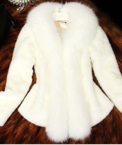 Winter White Fake Fur Collar Long Sleeve Slim Coat