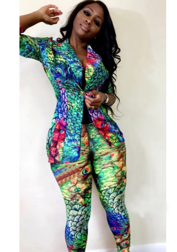 Winter Fashion Print Turndown Collar Long Sleeve Blazer Suit Two Pice Set