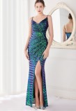Spring Formal Blue Sequins Strap Slit Mermaid Evening Dress