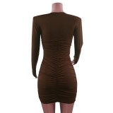 Spring Sexy Brown Round Neck Shoulder Pad Long Sleeve Cut Out Bodycon Dress