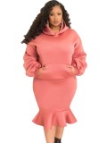 Winter Plus Size Pink Puffed Long Sleeve Hoodies And Fishtail Skirt Wholesale Two Piece Clothing