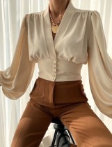Spring Elegant Beige V Neck Puffed Long Sleeve Button Shirt