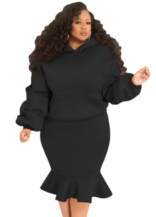 Winter Plus Size Black Puffed Long Sleeve Hoodies And Fishtail Skirt Wholesale Two Piece Clothing