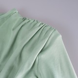 Spring Fashion Green Round Neck Shoulder Pad Long Sleeve Ruffles Top