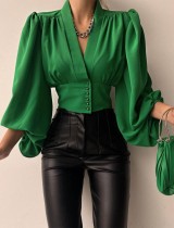 Spring Elegant Green V Neck Puffed Long Sleeve Button Shirt