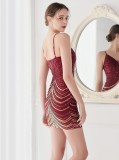 Summer Formal Red Wave Sequins Strap Mermaid Party Dress