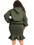 Winter Plus Size Green Puffed Long Sleeve Hoodies And Fishtail Skirt Wholesale Two Piece Clothing
