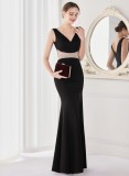 Summer Elegant Black V Neck Wasit Rhinestone Slit Mermaid Evening Dress