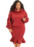 Winter Plus Size Red Puffed Long Sleeve Hoodies And Fishtail Skirt Wholesale Two Piece Clothing