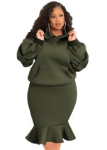 Winter Plus Size Green Puffed Long Sleeve Hoodies And Fishtail Skirt Wholesale Two Piece Clothing