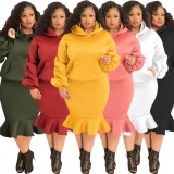 Winter Plus Size Green Puffed Long Sleeve Hoodies And Fishtail Skirt Wholesale Two Piece Clothing