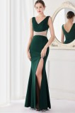 Summer Elegant Green V Neck Wasit Rhinestone Slit Mermaid Evening Dress