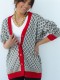 Winter Casual Red Line With Print V Neck Long Sleeve Cardigan Sweater