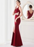 Summer Elegant Red V Neck Wasit Rhinestone Slit Mermaid Evening Dress
