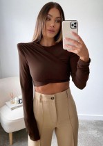 Spring Fashion Brown Round Neck Shoulder Pad Long Sleeve Ruffles Top
