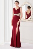 Summer Elegant Red V Neck Wasit Rhinestone Slit Mermaid Evening Dress