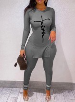 Spring Casusal Grey Letter Print Long Sleeve Slit Top And Pant Wholesale 2 Piece Sets