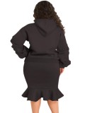 Winter Plus Size Black Puffed Long Sleeve Hoodies And Fishtail Skirt Wholesale Two Piece Clothing