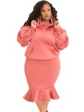 Winter Plus Size Pink Puffed Long Sleeve Hoodies And Fishtail Skirt Wholesale Two Piece Clothing