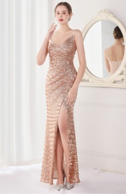 Spring Formal Kahaki Sequins Strap Slit Mermaid Evening Dress