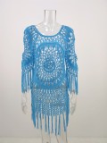Women Summer Blue Round Neck Sexy Beach Dress Hand Crocheted Tassel Cover-Ups
