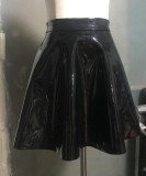 Women Winter Black PU Leather Pleated Mini Skirt