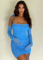 Women Spring Blue Pleated Strap Mini Club Dress