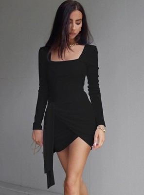 Women Spring Black Long Sleeve U Square Neck Irregular Slim Solid Color Mini Club Dress