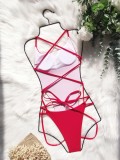 Women Red Solid Color One-piece Hot Sexy Hollow Out High Cut Bikini Swimsuit