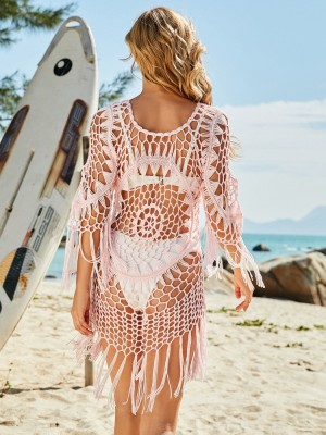 Women Summer Pink Round Neck Sexy Beach Dress Hand Crocheted Tassel Cover-Ups
