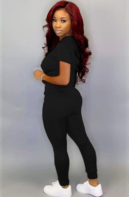 Women Spring Black Short Sleeve Fitted Hoody Two Piece Pants Tracksuit