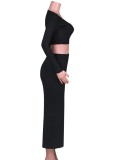 Women Spring Black Pure Color Long-Sleeved Fashion Sexy Split Long Skirt Two-piece Sweater