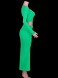 Women Spring Green Pure Color Long-Sleeved Fashion Sexy Split Long Skirt Two-piece Sweater
