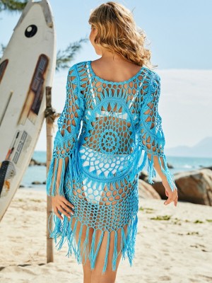 Women Summer Blue Round Neck Sexy Beach Dress Hand Crocheted Tassel Cover-Ups