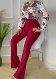 Women Spring Commuting Suit Printed Stand-up Collar Long-sleeved Blouse and Wide-leg Pants Two-piece Set