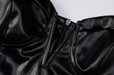 Women Spring Black Sexy Strapless Mini Leather Club Dress