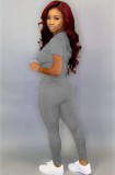 Women Spring Grey Short Sleeve Fitted Hoody Two Piece Pants Tracksuit