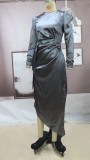 Women Spring Dark Grey Long Sleeve Round Neck Puff Sleeve Tied Slim Midi Dress