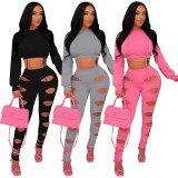 Women Spring Rose Solid Color Hooded Hollow Sexy Two-Piece Suit