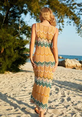 Women Summer Orange Hollow Knitted Stitching Plus Size Long Seaside Holiday Skirt